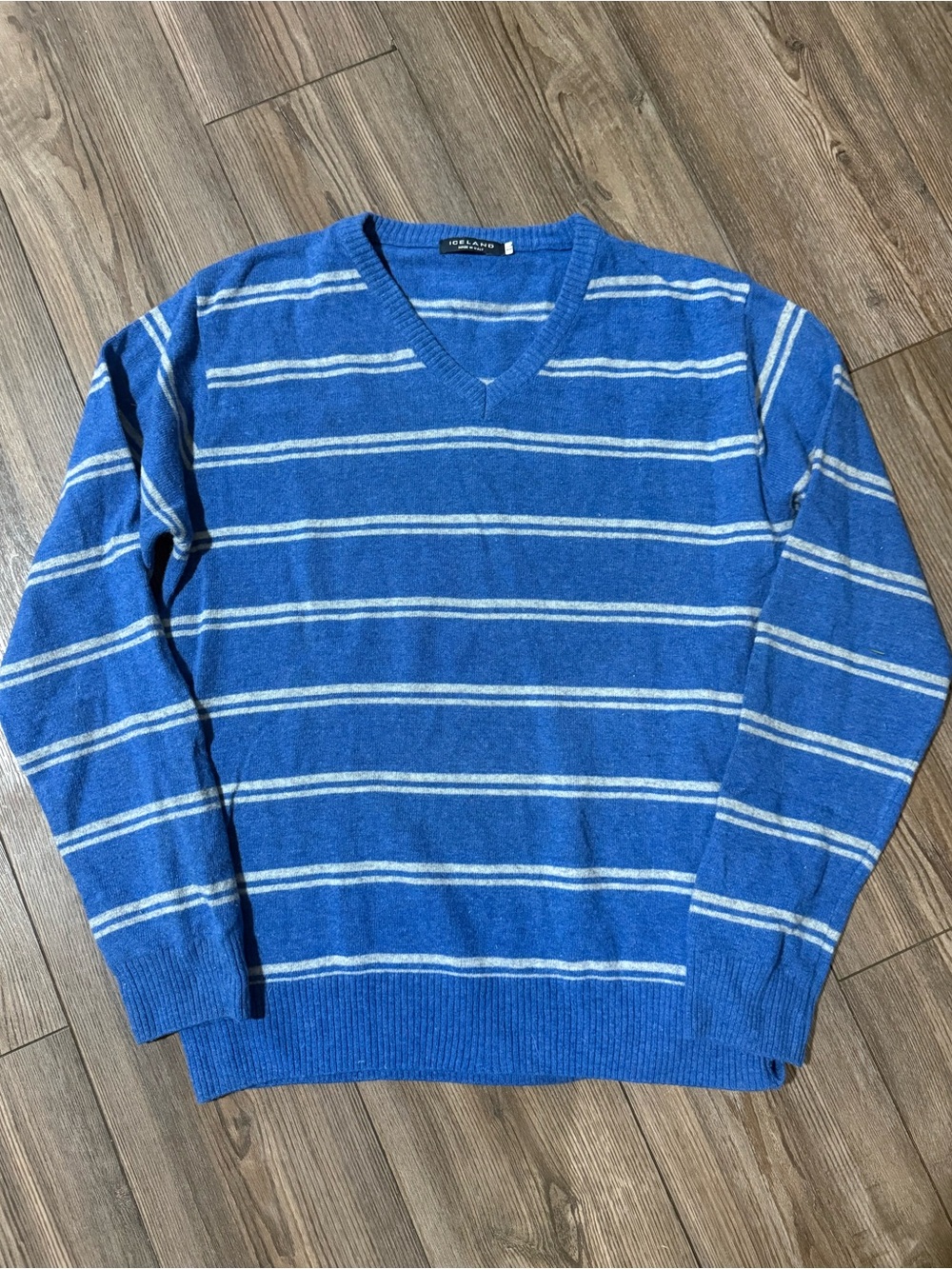 Iceland Italy Blue Striped Wool V-Neck Sweater XL Made in Italy